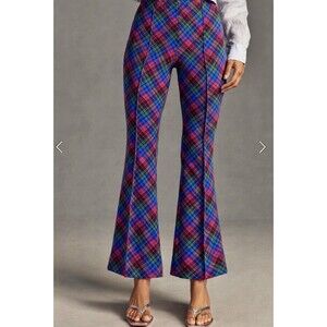 Anthropologie Maeve Womens Large Pants The Margot Flare Cropped Red Blue Plaid